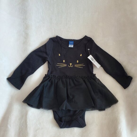 NEW Old Navy Girls Baby One Piece Dress Black‎ Cat Gold 6 - 12 months - Picture 1 of 6